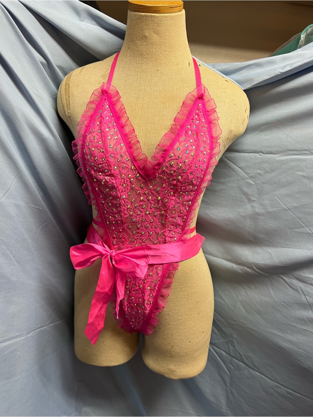 Rhinestoned Pink Sheer Lace Halter Teddy